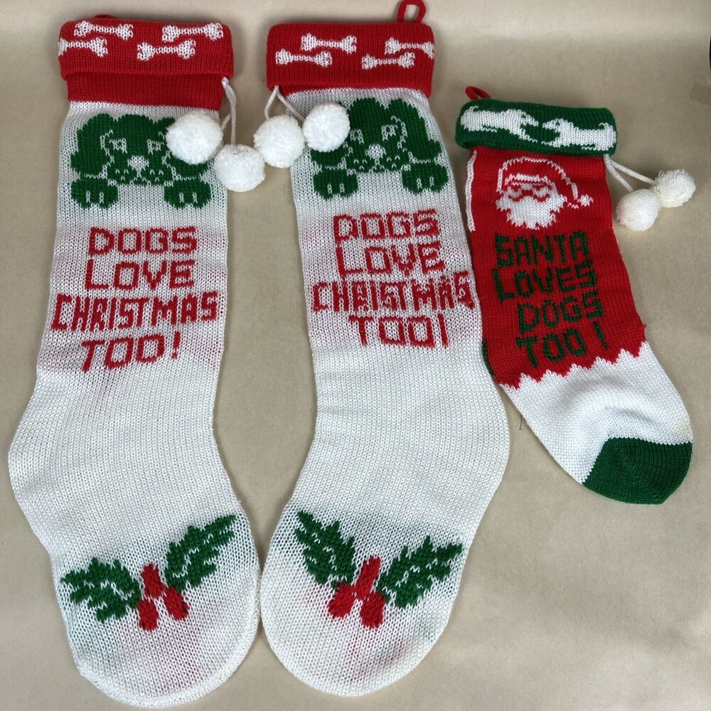 3 VTG 90's Knit Christmas Stocking - SANTA LOVES DOGS TOO & DOGS LOVES XMAS TOO‎